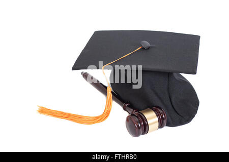 Black Graduation Hat  and Gavel Isolated on White Background Stock Photo