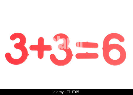 Colorful plastic numbers.Formula 3+3=6 on the white background Stock Photo
