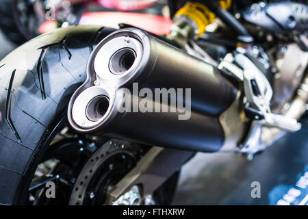 Double exhaust pipes of modern motorcycle Stock Photo