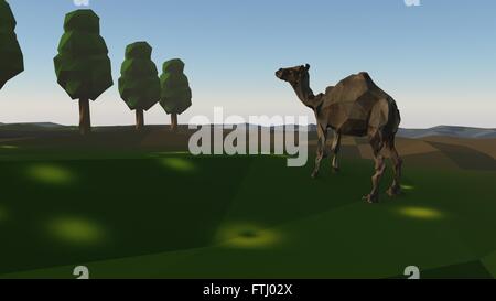 3d group of low poly stylized trees and a camel. with realistic shadows on white background. Stock Photo