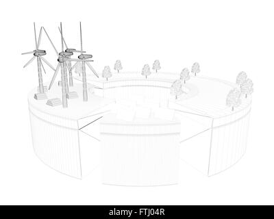 3d wireframed scene inside a white  scene with outlined lines Stock Photo