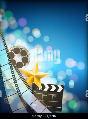 filmstrip background with clapper,reel,golden star and light effects on blue vertical background. vector Stock Vector