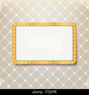 golden retro frame with light bulbs on royal pattern background. advertising or cinema design template. vector Stock Vector