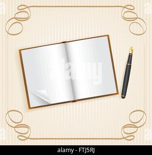 Open book with empty space for text, and pen, on vintage background with frame. Vector design template for notes, invitation Stock Vector