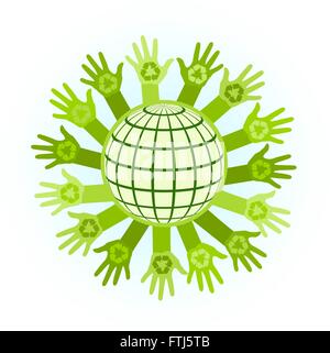 abstract illustration with raising hands and planet with a recycle symbol. eco friendly design template. care of environment Stock Vector