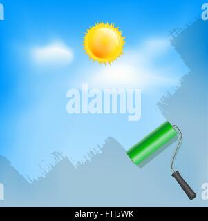 Roller brush painting blue sky with sun and clouds. Vector Stock Vector