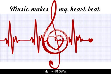 Heart in a musical clef with cardiogram.Music makes my heart beat quote. Vector abstract art sign Stock Vector