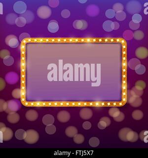 Golden frame with light bulbs on blurry fairy tale background. Vector design template Stock Vector