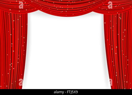 Open red curtains with stars on white background. Theater or movie presentation or cinema award announcement with space for text Stock Vector