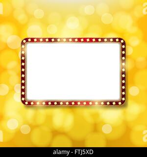 Golden retro frame with light bulbs on golden background. Advertising or cinema design template. Vector Stock Vector