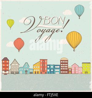 Hot air balloons flying over retro houses. Old town travel theme illustration. Bon Voyage banner. Vector Stock Vector