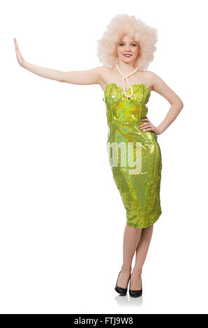 Woman wearing curly fair wig isolated on white Stock Photo