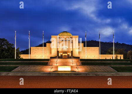 Facade and entrance to Australian Canberra War Memorial complex at sunrise. Historic museum is free for public and commemorates Stock Photo