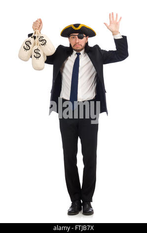 Pirate businessman holding money bags isolated on white Stock Photo