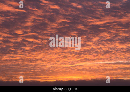Sunset sky covered by fiery orange clouds Stock Photo