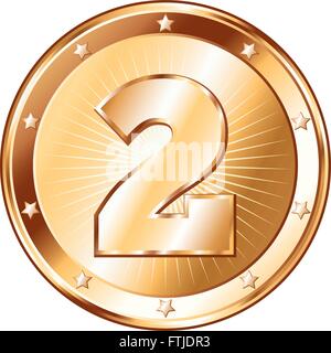 Round circle shaped metal badge / seal of approval in a bronze look and the number two. Stock Vector
