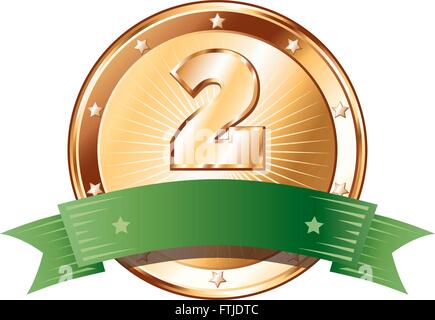 Round circle shaped metal badge / seal of approval in a bronze look with a green ribbon and the number two. Stock Vector