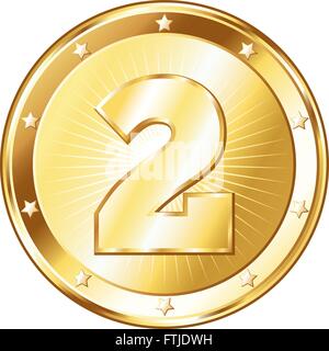Round circle shaped metal badge / seal of approval in a gold look and the number two. Stock Vector