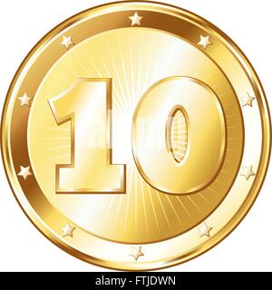 Round circle shaped metal badge / seal of approval in a gold look and the number ten. Stock Vector