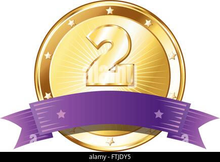 Round circle shaped metal badge / seal of approval in a gold look with a purple ribbon and the number two. Stock Vector