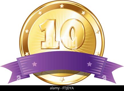 Round circle shaped metal badge / seal of approval in a gold look with a purple ribbon and the number ten. Stock Vector