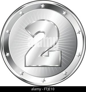 Round circle shaped metal badge / seal of approval in silver look and the number two. Stock Vector
