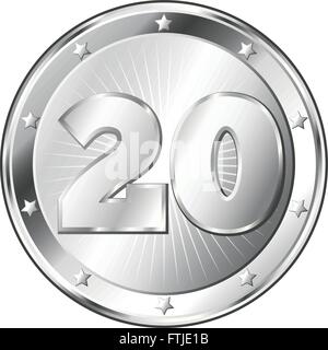 Round circle shaped metal badge / seal of approval in silver look and the number twenty. Stock Vector