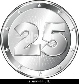 Round circle shaped metal badge / seal of approval in silver look and the number twenty-five. Stock Vector