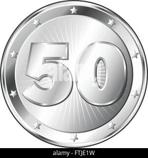 Round circle shaped metal badge / seal of approval in silver look and the number fifty. Stock Vector