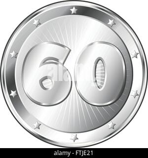 Round circle shaped metal badge / seal of approval in silver look and the number sixty. Stock Vector