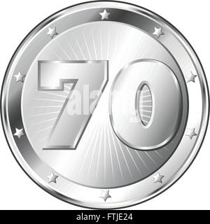 Round circle shaped metal badge / seal of approval in silver look and the number seventy. Stock Vector