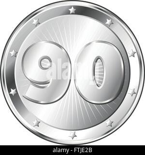 Round circle shaped metal badge / seal of approval in silver look and the number ninety. Stock Vector