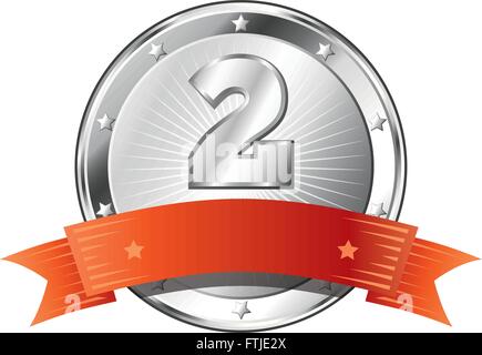 Round circle shaped metal badge / seal of approval in silver look with a red ribbon and the number two. Stock Vector
