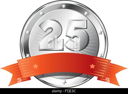 Round circle shaped metal badge / seal of approval in silver look with a red ribbon and the number twenty-five. Stock Vector