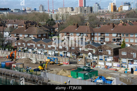 A view of the London skyline as seen form the top of a multi-storey car park in the Docklands area. Stock Photo