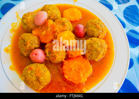 Meatballs in tomato sauce, with carrot and olives, Marche Central, Casablanca, Morocco, northern Africa Stock Photo