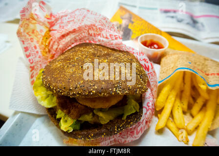 Rye hamburger with fries, Hesburger, Finnish fast food restaurant, Turku, Finland Stock Photo