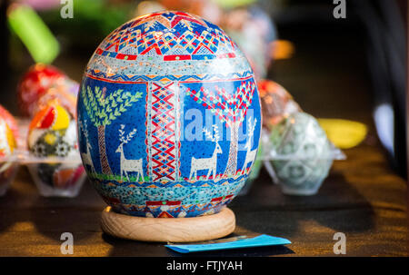 Pola de Siero, Spain. 29th March, 2016. A painted goose egg at the Feast of Easter Eggs of Pola de Siero, the only Spanish city in which this feast is celebrated, on the first Tuesday after Easter Sunday, with thousands of eggs painted by hand. © David Gato/Alamy Live News Stock Photo