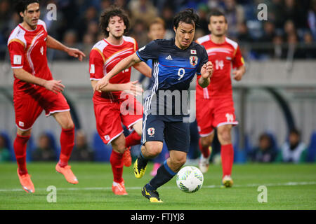 His 100 Games. 29th Mar, 2016. Shinji Okazaki (JPN), MARCH 29, 2016 - Football/Soccer : FIFA World Cup Russia 2018 Asian Qualifier Second Round Group E match between Japan 5-0 Syria at Saitama Stadium 2002, Saitama, Japan. Okazaki was made captain for the night to celebrate his 100th cap for his country. He is Japan's third all-time goalscorer with 48 goals in his 100 games. © YUTAKA/AFLO SPORT/Alamy Live News Stock Photo