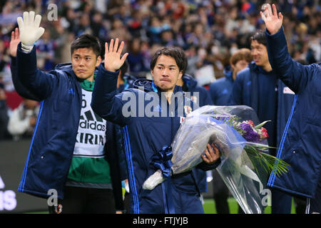 His 100 Games. 29th Mar, 2016. Shinji Okazaki (JPN), MARCH 29, 2016 - Football/Soccer : FIFA World Cup Russia 2018 Asian Qualifier Second Round Group E match between Japan 5-0 Syria at Saitama Stadium 2002, Saitama, Japan. Okazaki was made captain for the night to celebrate his 100th cap for his country. He is Japan's third all-time goalscorer with 48 goals in his 100 games. © YUTAKA/AFLO SPORT/Alamy Live News Stock Photo