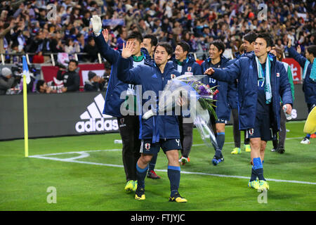 His 100 Games. 29th Mar, 2016. Shinji Okazaki (JPN), MARCH 29, 2016 - Football/Soccer : FIFA World Cup Russia 2018 Asian Qualifier Second Round Group E match between Japan 5-0 Syria at Saitama Stadium 2002, Saitama, Japan. Okazaki was made captain for the night to celebrate his 100th cap for his country. He is Japan's third all-time goalscorer with 48 goals in his 100 games. © YUTAKA/AFLO SPORT/Alamy Live News Stock Photo