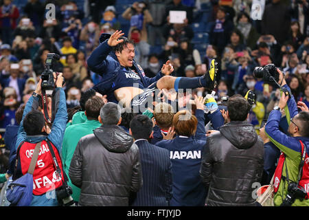 His 100 Games. 29th Mar, 2016. Shinji Okazaki (JPN), MARCH 29, 2016 - Football/Soccer : FIFA World Cup Russia 2018 Asian Qualifier Second Round Group E match between Japan 5-0 Syria at Saitama Stadium 2002, Saitama, Japan. Okazaki was made captain for the night to celebrate his 100th cap for his country. He is Japan's third all-time goalscorer with 48 goals in his 100 games. © YUTAKA/AFLO SPORT/Alamy Live News Stock Photo