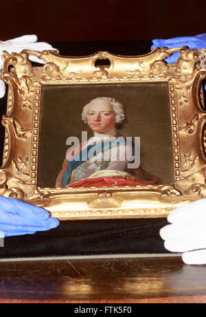 Edinburgh, Scotland, UK. 30th March, 2016. The National Galleries of Scotland invites members of the media to the unveiling of a significant new acquisition; a portrait of Prince Charles Edward Stuart, or Bonnie Prince Charlie (1720-1788), which is thought to have been created at Holyrood in Edinburgh in 1745, at the height of the Jacobite rising, by Allan Ramsay (1713-1784), the most accomplished Scottish portrait painter of the period. Pako Mera/Alamy Live News Stock Photo