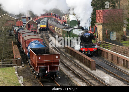 The Flying Scotsman at Goathland Station on the North York Moors Historic Railway after restoration Stock Photo