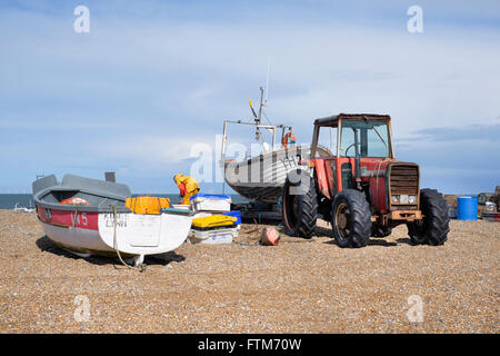 A crab/lobster fisherman prepares to go fishing on the beach at Cley Next The Sea, Norfolk, England, UK Stock Photo