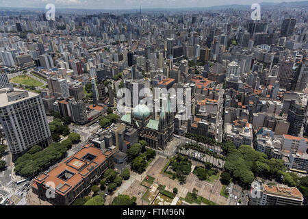 Aerial view of the Metropolitan Cathedral in Sao Paulo Praca da Se and Praca Joao Mendes left Stock Photo