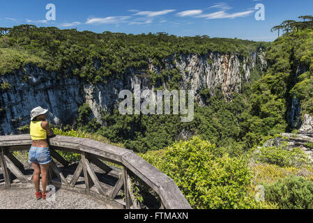 Tourist on the lookout for Waterfall of the Swallows in track vertex - Canion Itaimbezinho Stock Photo