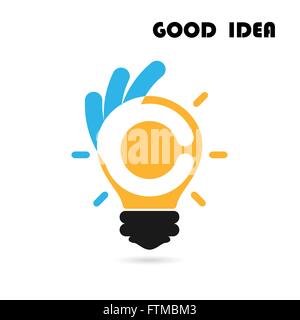 Creative light bulb logo design vector template with OK hand sign.Best idea,good idea sign.Education,business logotype concept.V Stock Vector