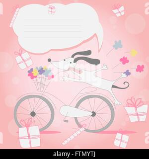 Funny little white puppy on Bicycle Stock Vector