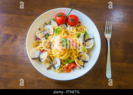 spaghetti with shrimp and mussel Stock Photo